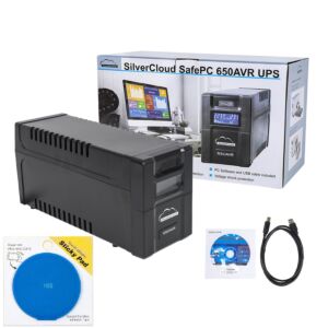 SilverCloud SafePC 650AVR UPS csomag 360W tápellátással és Sticky Pad Blue tartalmaz