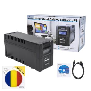 SilverCloud SafePC 650AVR UPS csomag, 360 W teljesítménnyel és öntapadós zászlóval