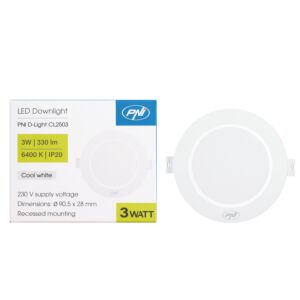 LED spotlámpa PNI D-Light CL2503 3W, süllyesztett, kerek, 90,5*28mm, 6400K, 230V táp, 330 lm, fehér
