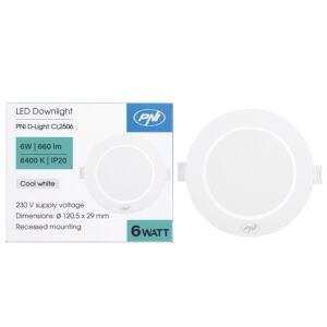 LED spotlámpa PNI D-Light CL2506 6W, süllyesztett, kerek, 120,5*28,4mm, 6400K, 230V táp, 660 lm, fehér