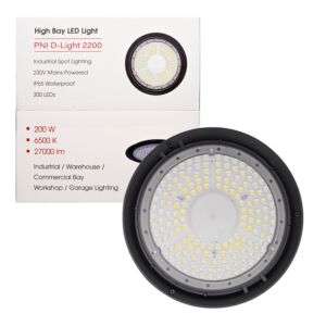LED lámpa PNI D-Light 2200 High Bay típusú, 200W, 27000lm, 6500K, 230 V-os tápellátás, IP65, ipari világításhoz fürdőben.