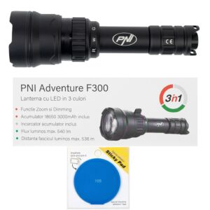 PNI Adventure F300 zseblámpa szett 3 színű LED-del, fehér, piros, zöld, max. 10 W, IPX6, kék öntapadós betéttel
