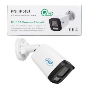PNI IP515J POE videó megfigyelő kamera, 5MP bullet, 2,8 mm, kültéri használatra, kétirányú hang, fehér. Fotóleírás.