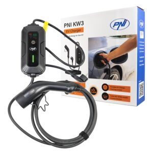PNI KW3 hordozható töltő, 16A, 3,5KW, elektromos autókhoz, 230V, egyfázisú, 2-es típusú kábel és IEC62 5 tűs csatlakozó