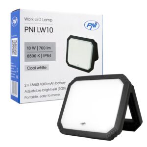 PNI LW10 10W LED munkalámpa, hordozható, újratölthető, 2 x 18650 4000mAh akkumulátorral, 6500K, IP54, 700 lm, 2 szint