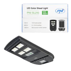 PNI SL210 6,5W-os közvilágítási lámpa, beépített 10W-os napelemmel, 6500K, 1000lm, 2 db beépített 10Ah akkumulátor,