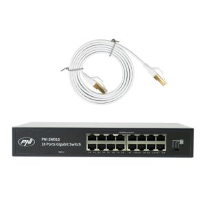PNI SW016 Kapcsoló Csomag, 16 x 10/100/1000 Mbps, Gigabit, Fém Tok és 1,5m CAT8 Patch PNI U8015W