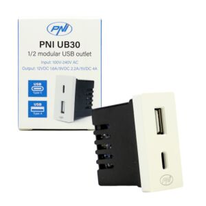 Tápcsatlakozó 2 x USB PNI UB30, USB-A USB-C, 12V/9V/5V, max. 20W, moduláris, F 1/2 típusú, süllyesztett szerelés