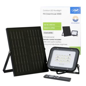 PNI GreenHouse WS50 50W LED reflektor napelemmel, 6000mAh akkumulátorral, távirányítóval, állítható időzítéssel és fényerővel,