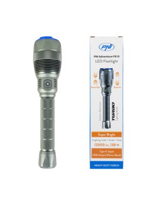 PNI Adventure F810 zseblámpa 138 W LED-del, 3 világítási fokozat plusz Turbo, 12000 lumen, zoom, 250 m-ig, akkumulátor