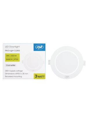 LED spotlámpa PNI D-Light CL2503 3W, süllyesztett, kerek, 90,5*28mm, 6400K, 230V táp, 330 lm, fehér