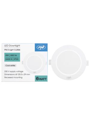 LED spotlámpa PNI D-Light CL2506 6W, süllyesztett, kerek, 120,5*28,4mm, 6400K, 230V táp, 660 lm, fehér