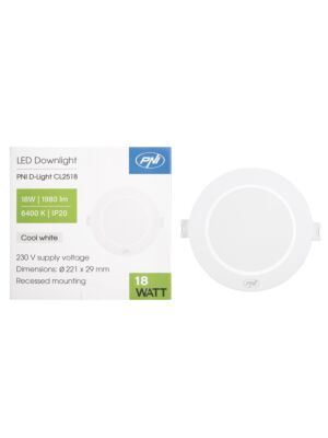 LED spotlámpa PNI D-Light CL2518 18W, süllyesztett, kerek, 220.7*28.9mm, 6400K, 230V táp, 1980 lm, fehér