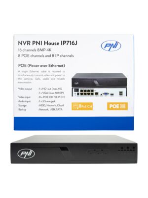 NVR POE PNI House IP716J, 16 csatorna 4K 8MP, 8 POE csatorna és 8 IP csatorna, fekete