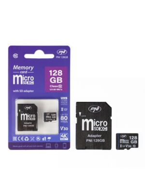 MicroSD PNI 128GB memóriakártya SD adapterrel, Class 10, 80 Mb/s, V30