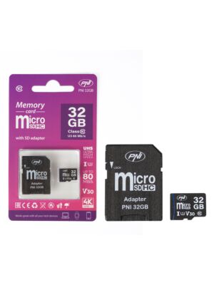 MicroSD PNI 32GB memóriakártya SD adapterrel, Class 10, 80 Mb/s, V30