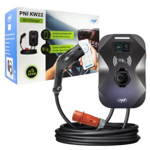 PNI KW22 töltőállomás, 32A, 22KW, elektromos autókhoz, 85V - 415V, háromfázisú, 2-es típusú kábellel és 7 tűs csatlakozóval